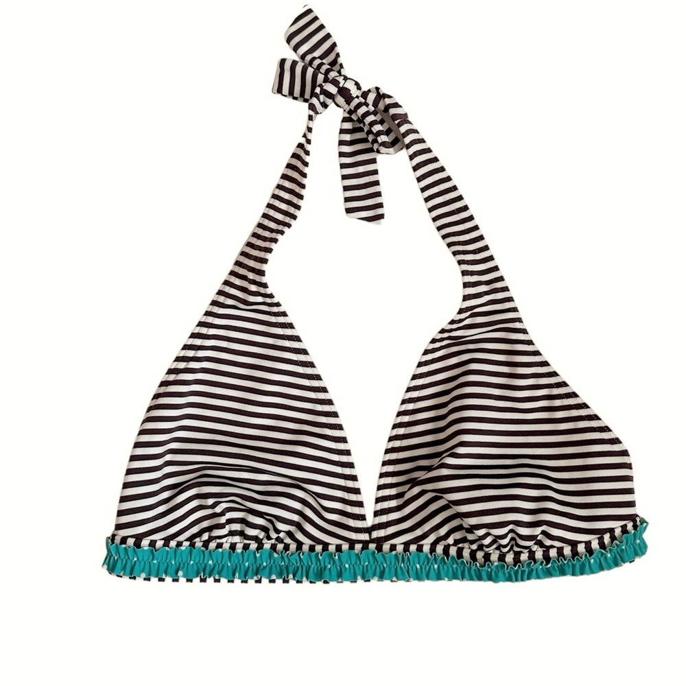 Boden Black & White Striped Triangle Bikini Top with Teal Trim